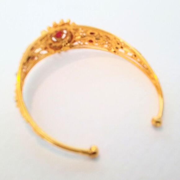 Eastern Inspired Gold Tone Rhinestone and Faux Pearl Cuff Bracelet - Picture 3 of 6